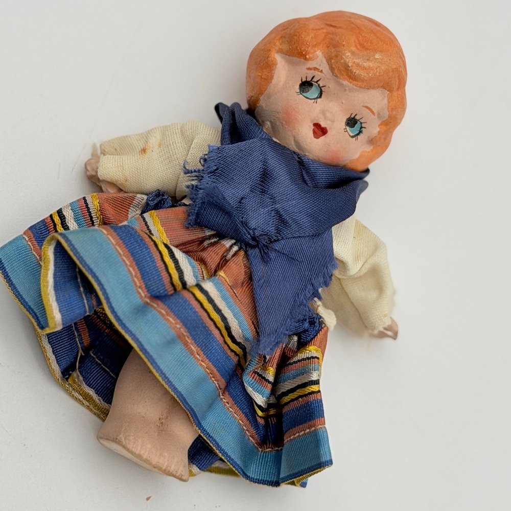 Vintage Miniature Bisque Doll Orange Hair Blue Striped Folk Costume 4 inch